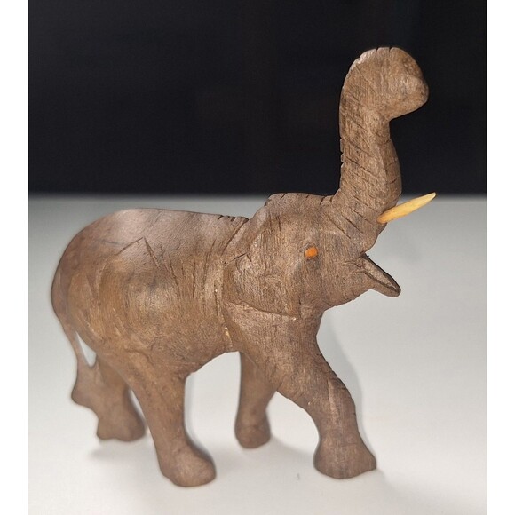 Hand Carved Wooden Elephant 4" Figurine Sculpture Trunk Up Good Luck Tusks - Picture 5 of 6
